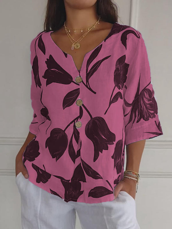 Despoina – Elegant Blomstret Top med Knapper