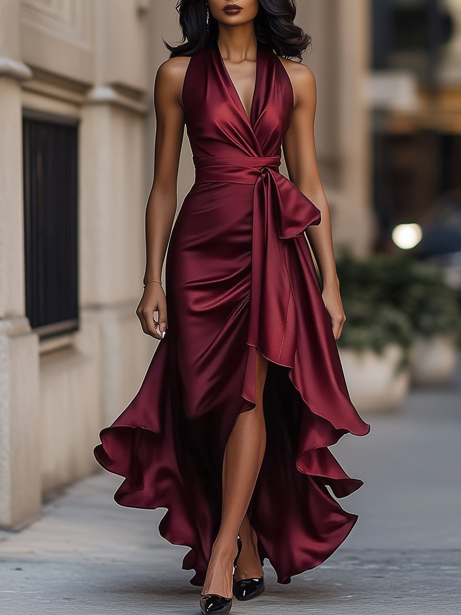Midnight Elegance Satin Halter Ruffle Dress