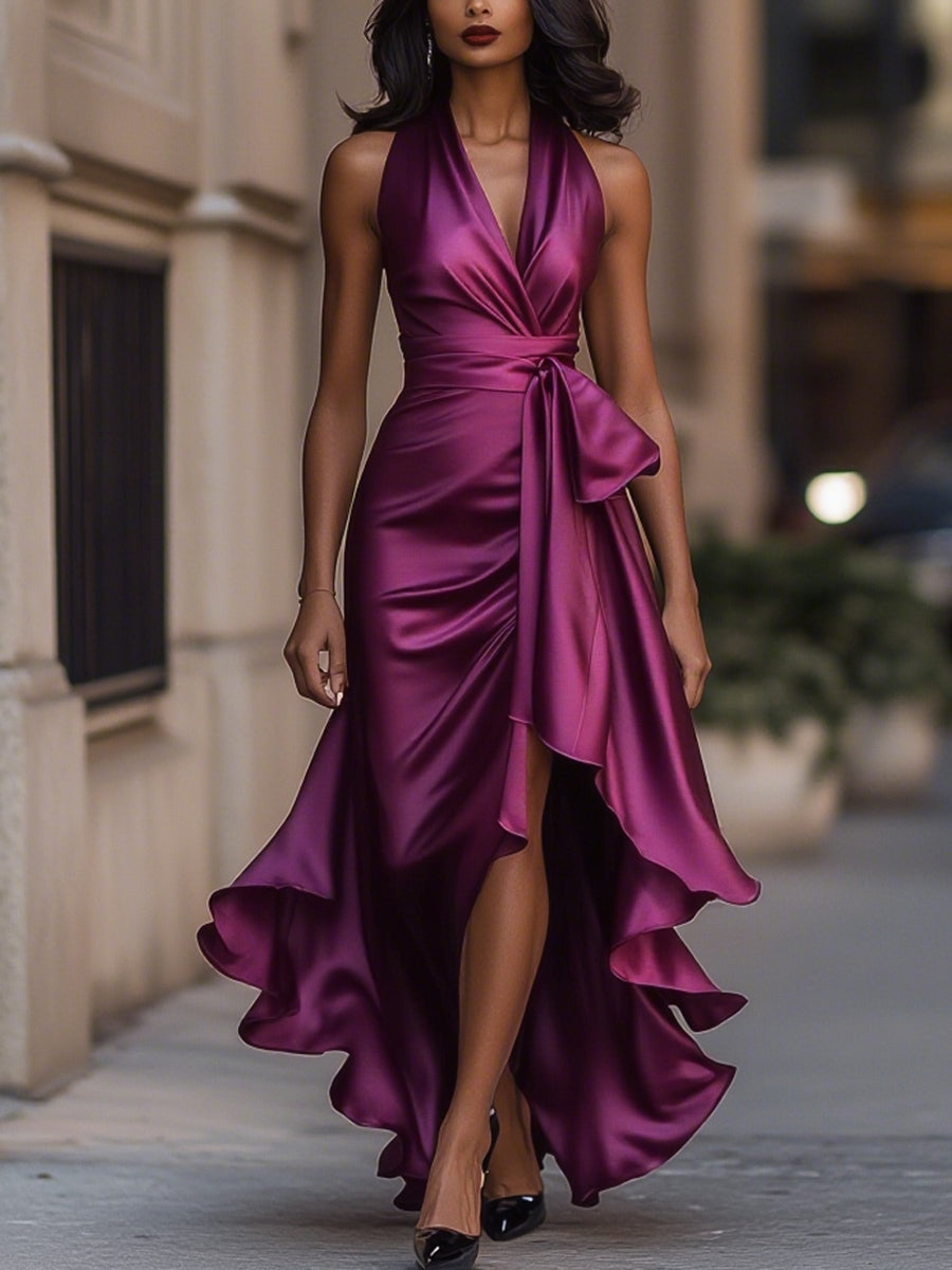 Midnight Elegance Satin Halter Ruffle Dress