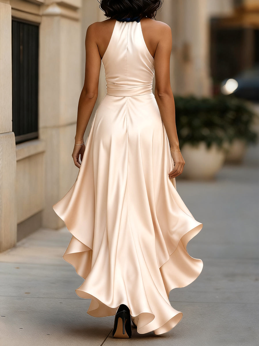Midnight Elegance Satin Halter Ruffle Dress