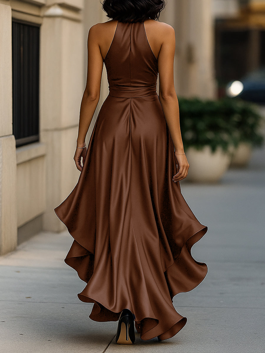 Midnight Elegance Satin Halter Ruffle Dress