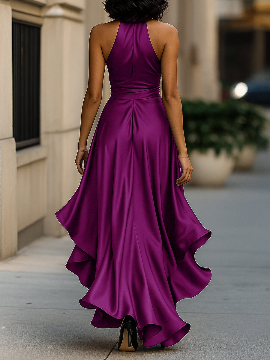 Midnight Elegance Satin Halter Ruffle Dress