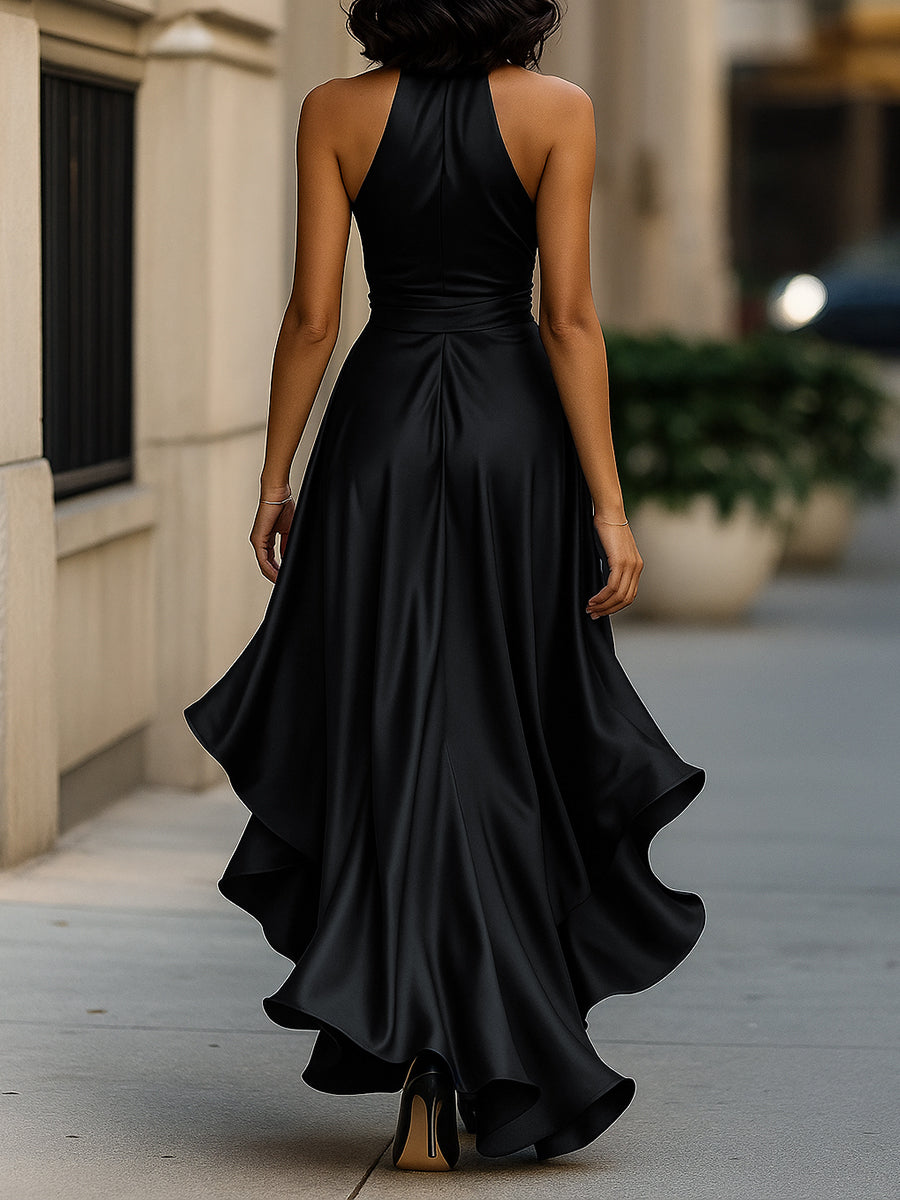 Midnight Elegance Satin Halter Ruffle Dress