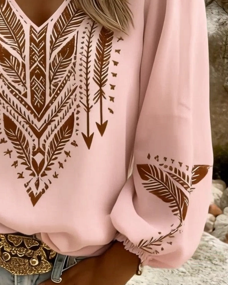 Bluse med pufærmer V-hals og blød pasform