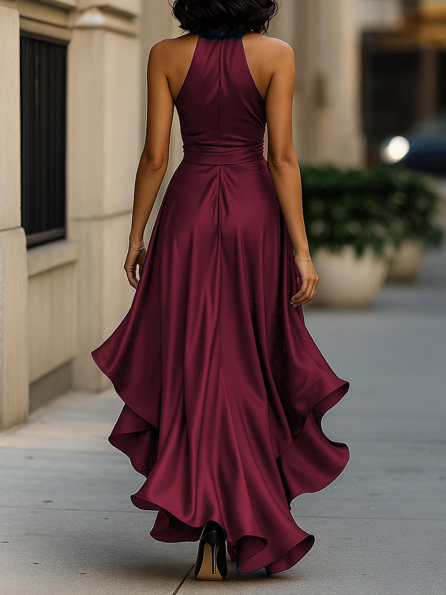 Midnight Elegance Satin Halter Ruffle Dress