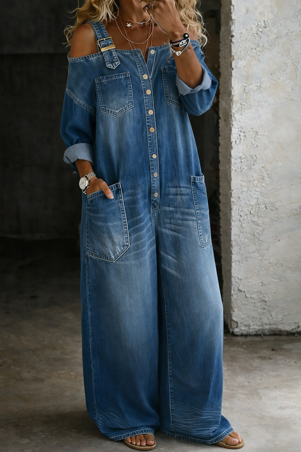 Stephanie | Jumpsuit med denimskjorte uden skuldre