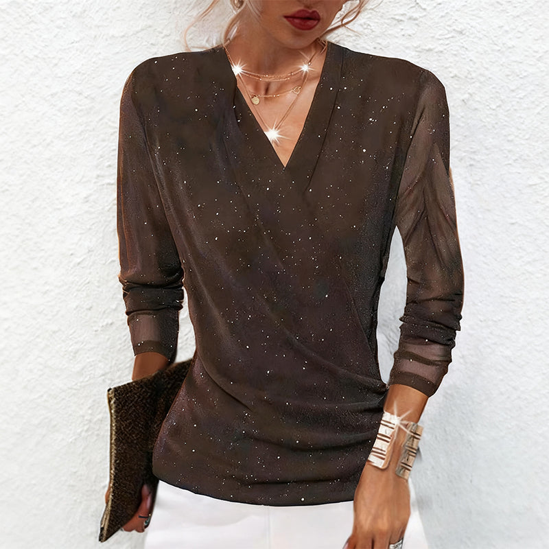 Liliana – Glamourøs Mesh-Bluse med Glitrende Detaljer