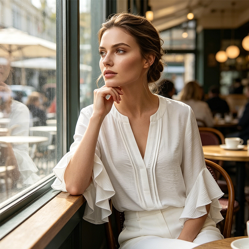 Amelie Volantbluse med V-hals